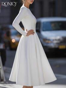 DONICY 优雅女士连衣裙,春夏纯色圆领系腰A字中长连衣裙,时尚简约优雅通勤白色连衣裙,休闲、商务、通勤、外出、情人节、嘉年华皆宜 - 白色 - 查看 4