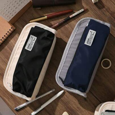 1Pc Minimalist Color Block Pencil Case, 3-Layer Large Capacity Pen Bag For Office & School