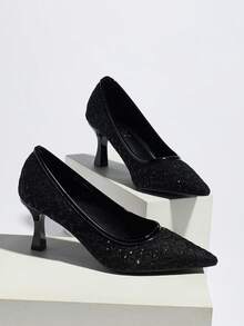 女士时尚水钻装饰高跟鞋 - 黑色 - 查看 8