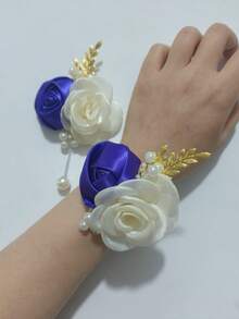 1pc Boutonniere + 1pc Wrist Corsage, Champagne & Blue Dual Flower Decor, Elegant For Wedding, Banquet, Party, Bride, Bridesmaid, Daily Wear, Valentine's Day,Summer,Beach - 713 Purple + Rice - View 4