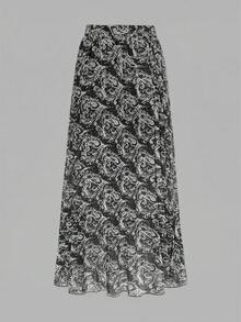 女士优雅弹力腰黑色佩斯利印花褶裥A字裙，适合日常通勤和春季穿着 - 花黑 - 查看 3