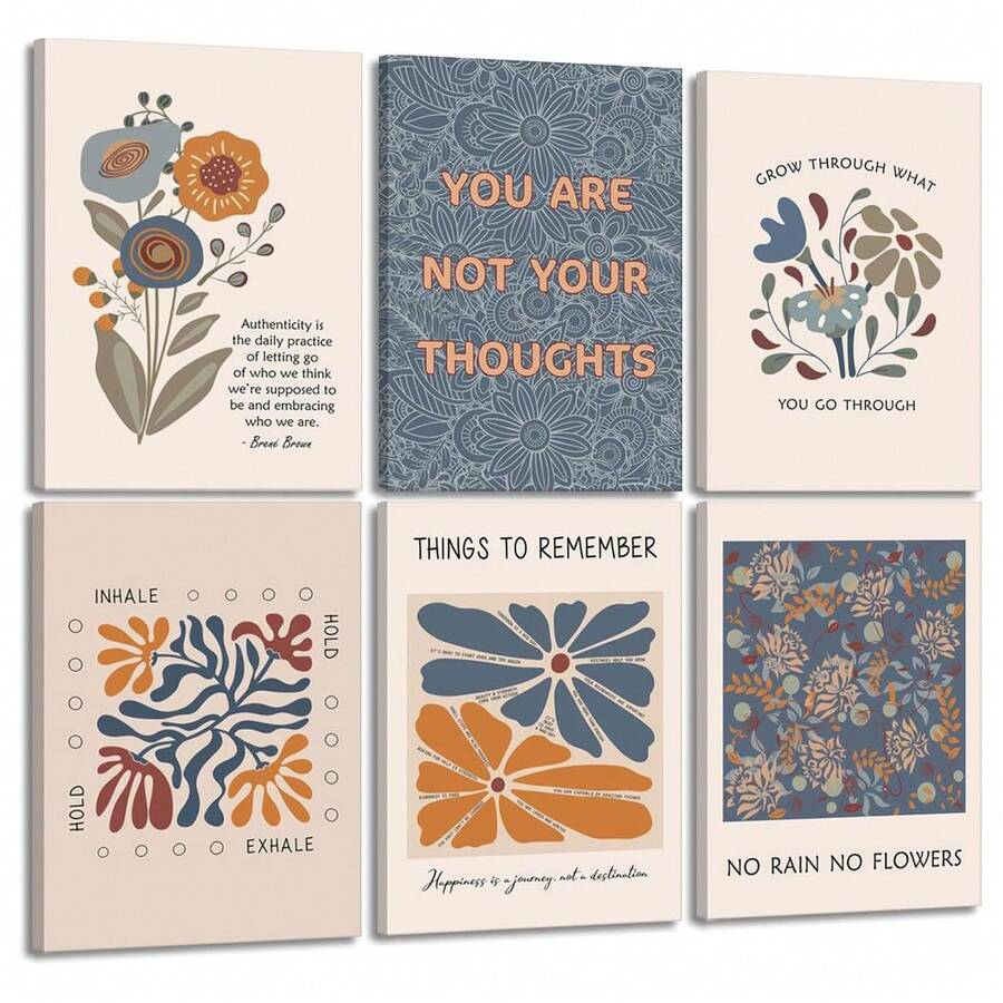 6 Stück Boho-Stil Poster für psychische Gesundheit, motivierende Psychologie Wandkunst, inspirierende Zitate für Therapieraum, ungerahmte Leinwand Wanddekoration, Größe 20 x 25 cm - Wort - Übersicht 1