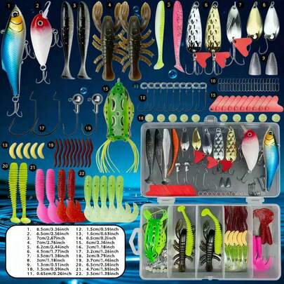 Este juego de 107 piezas es un kit de señuelos y aparejos de agua dulce adecuado para pescar lubina, trucha, salmón y otros peces de agua dulce. Incluye giros, gusanos de plástico blando y talla grande, lo que lo convierte en un regalo práctico para hombres.