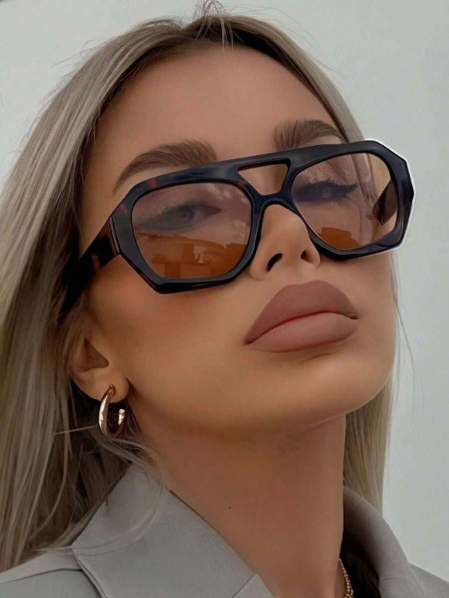 1 Pair Women's Leopard Print Polygon PC Frame Retro Double Bridge Casual Personalized Fashion Glasses - Multicolor - View 1