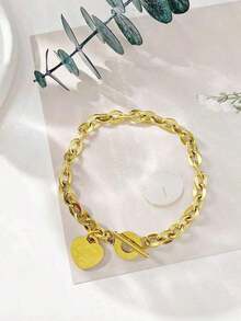 1pc Women's Stainless Steel Classic Heart Engraved Toggle Clasp Steel Chain Bracelet Valentines,Mom,Mother,Mother's Day, - 金子 - 查看 2