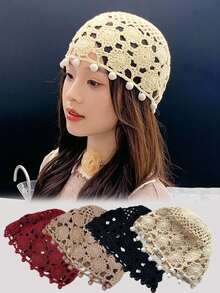 1pc Summer Breathable Boho Handmade Crochet Floral Tassel Headband, Hollow Out Versatile Hat - A - View 3