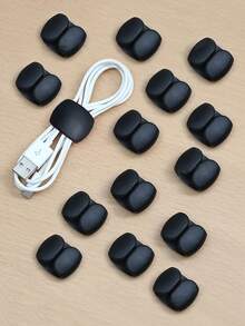 15pcs Black Cable Organizer Clips, Minimalist Multi-Function Wire Winder Clips For Earphones, Chargers, Data Cables - Black - View 2