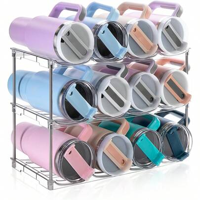 Larger Water Bottle Organizer For  40 Oz Tumbler, Stackable Water Bottle Holder Rack For Cabinet, Kitchen Storage Organizer For Cup Accessories, Tumbler Storage Holder, 3 Pack.