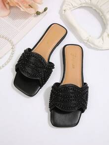 Sandal đế bằng mũi vuông đính pha lê kiểu Pháp mới năm 2025, thanh lịch, phù hợp với váy, mùa xuân/hè/thu. - màu đen - Xem 7