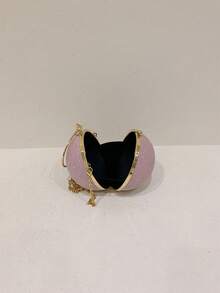 New Luxury Rhinestone Embellished Round Handbag, Chain Strap Messenger Bag, Glamorous Evening Clutch - Pink - View 7