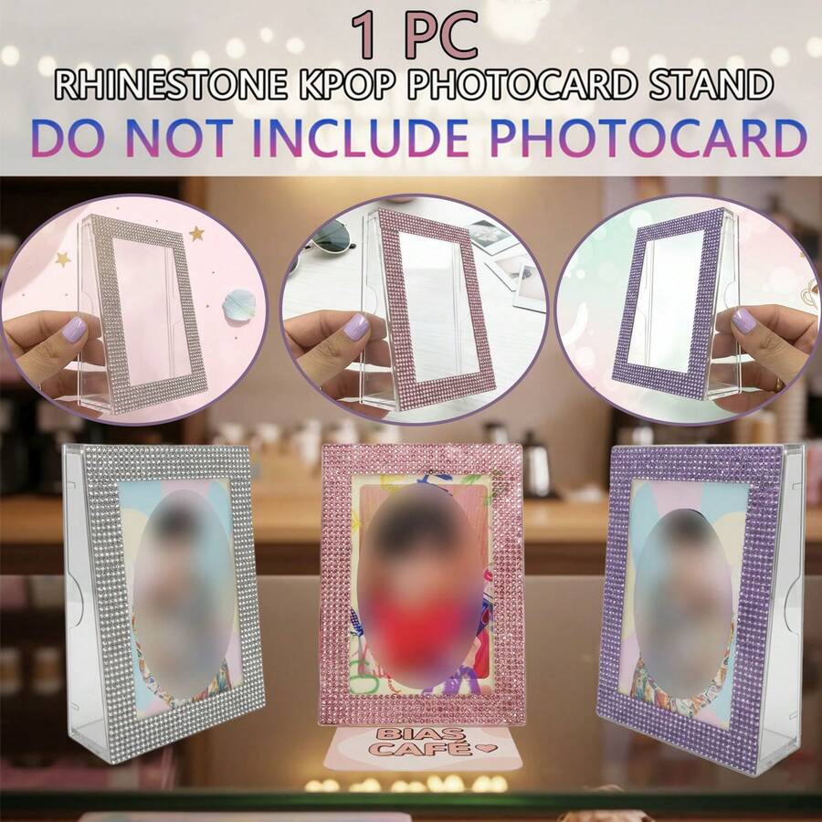 Soporte de exhibición de tarjetas decorado con brillo y cristales de estilo K-Pop, Soporte de acrílico para tarjetas fotográficas de K-Pop, Marco de fotos de escritorio para colección y almacenamiento de tarjetas K-Pop, Organizador de almacenamiento y exhibición de tarjetas K-Pop, Adecuado para regalos de ídolos, colecciones de juegos de cartas, reuniones y eventos de fanáticos, juegos y actividades de fiestas familiares y de amigos, celebraciones navideñas. - Expositor de diamantes de imitación - Ver 1