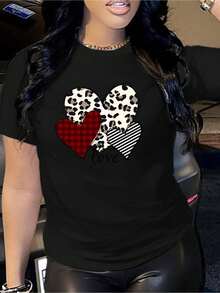 Oversize Women's Casual Short Sleeve T-Shirt - Leopard Print Plaid Striped Heart Pattern, Round Neck Spring Summer Top, Machine Washable Gift For Mom Girlfriend, Fashion Print T-Shirt, Comfortable Fit - 預設2 - 查看 1