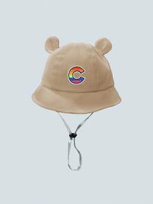 1pc A-Z Rainbow Letter Baby 3D Bear Ear Bucket Hat - Khaki Cute Cap Adjustable Anti-Drop Strap Infant Outdoor Sun Hat - Khaki - View 8