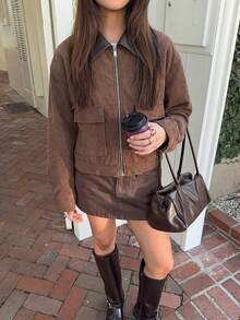女士咖啡棕色夹克，PU领，长袖，前拉链口袋，街头风宽松休闲春秋外套 - 咖啡棕 - 查看 3