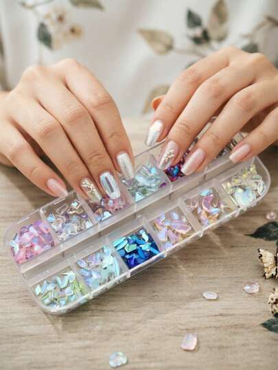 12-Compartment Box Aurora Nail Rhinestones Set, DIY Phone Case Decoration Accessories, Glass Crystal Nail Stickers