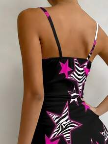 A Personalized Edgy Style Knit Fabric Zebra Stripe Star Pattern Women's Casual Vacation Summer Machine Washable Black & Pink Base Zebra Stripe Star Print Women's Bodycon Mini Dress - Nhiều màu - Xem 5
