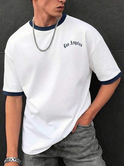 Men's New Contrast Collar Retro "City Boy" Style Simple Print Short Sleeve T-Shirt, Comfortable & Breathable, Leading Fashion