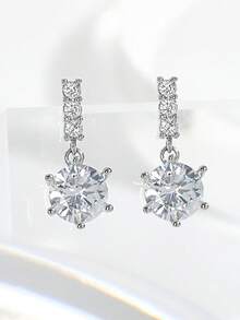 1 Pair Fashion Minimalist Full Rhinestone Pave Stud Earrings, Niche Premium Sparkling Zirconia Ear Studs Earrings Jewelry For Women - Silver - View 9