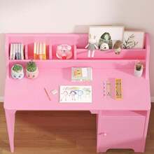Juego de computadora y Silla para niños, computadora de Estudio para niños con Cabina, gabinete de Almacenamiento, Mesa Estudio de Madera para niños, computadora de Escritura para. - Rosa - Ver 5