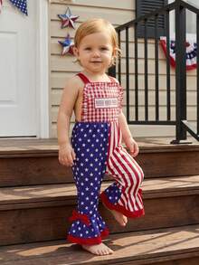 Toddler Girl 4th Of July Outfit Baby Girl American Flag Embroidery Striped Sleeveless Square Neck Romper Flared Jumsuit Cute Summer Clothes - 紅色 - 查看 6