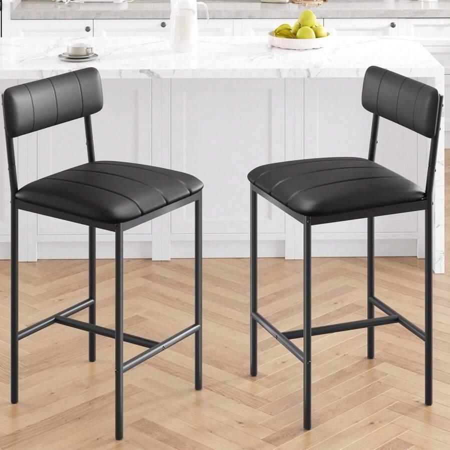 Juego de 2 taburetes bar tapizados con respaldo y reposapiés para cocina, sillas de bar para isla, fácil montaje, color negro. - Negro - Ver 1