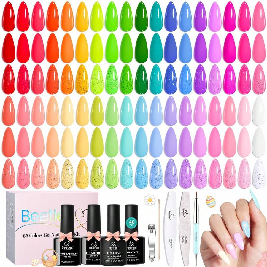 Beetles 36 Colors Gel Nail Polish Set, Pastel Jelly Pink Purple White Green Glitter Gel Kit With Base & Top Coat, Nail Tools, Soak Off UV Nail Art, Salon DIY Manicure Gift For Women - 36 Colors Pastel Neon Rainbow Bright - 查看 1