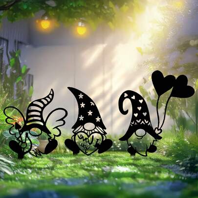 3pcs Metal Garden Decor, Lawn & Yard Decoration Stakes, Creative Fairy Gnome Statues For Outdoor Art, Patio, Exterior Decoration, Garden Accents, Lawn Ornaments