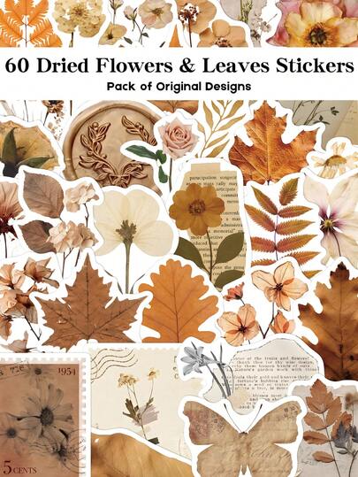 YWWBLD 60 pièces Autocollants de fleurs et feuilles séchées pour scrapbooking, valise, ordinateur portable, boîte de rangement, décoration de bureau à domicile, DIY, autocollants de gribouillage