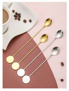 1pc/2pcs/4pcs Stainless Steel Coffee Spoon, Round Disc Long Handle Ice Cream Spoon, Style Honey Stirring Spoon, Bar Mug Cocktail Mixing Spoon - View 5