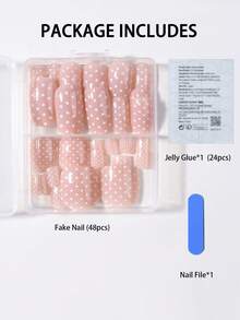 48片（两种款式混装）中号方形亮粉色法式美甲贴纸和脚趾甲贴纸，波点图案，全覆盖亚克力假指甲，包含1瓶果冻胶和1个指甲锉，适合女性和女孩日常工作、学习和派对使用 - 彩色 - 查看 6