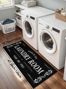 Laundry Room Decor - Non-Slip Absorbent Floor Rug - Durable Machine Washable Polyester Carpet With Decorative Floral Patterns For Laundry Room And Kitchen - Modern Home Decor Essentials - Black - View 3