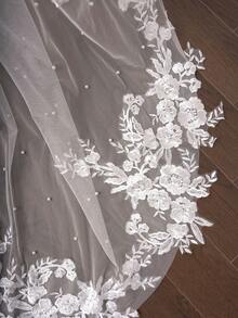 1 pieza Velo de novia con perlas, decoración floral de encaje y lentejuelas, longitud de catedral, incluye peine, adecuado para novia en blanco e marfil - Multicolor - Ver 4