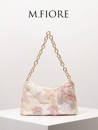 Women's Glitter Floral Embroidered Shoulder Bag, Metal Chain Strap, Suitable For Evening, Party, Wedding