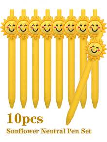 10pcs Sunflower Design Ballpoint Pens, 0.5mm Refill, Cute & Girly, Suitable For Writing, Gifting, Office, Drawing, High-Quality Reward/Prize - Multicolor - View 1