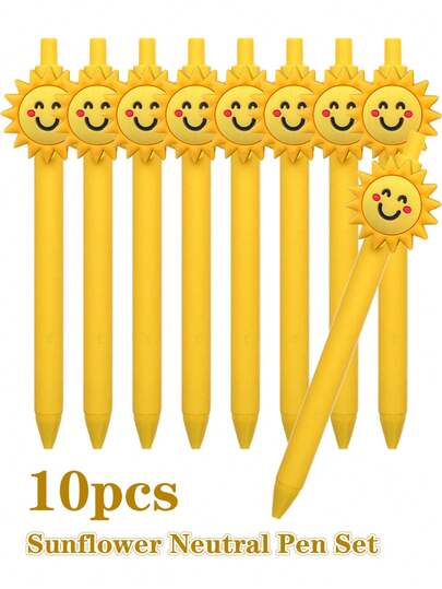 10pcs Sunflower Design Ballpoint Pens, 0.5mm Refill, Cute & Girly, Suitable For Writing, Gifting, Office, Drawing, High-Quality Reward/Prize
