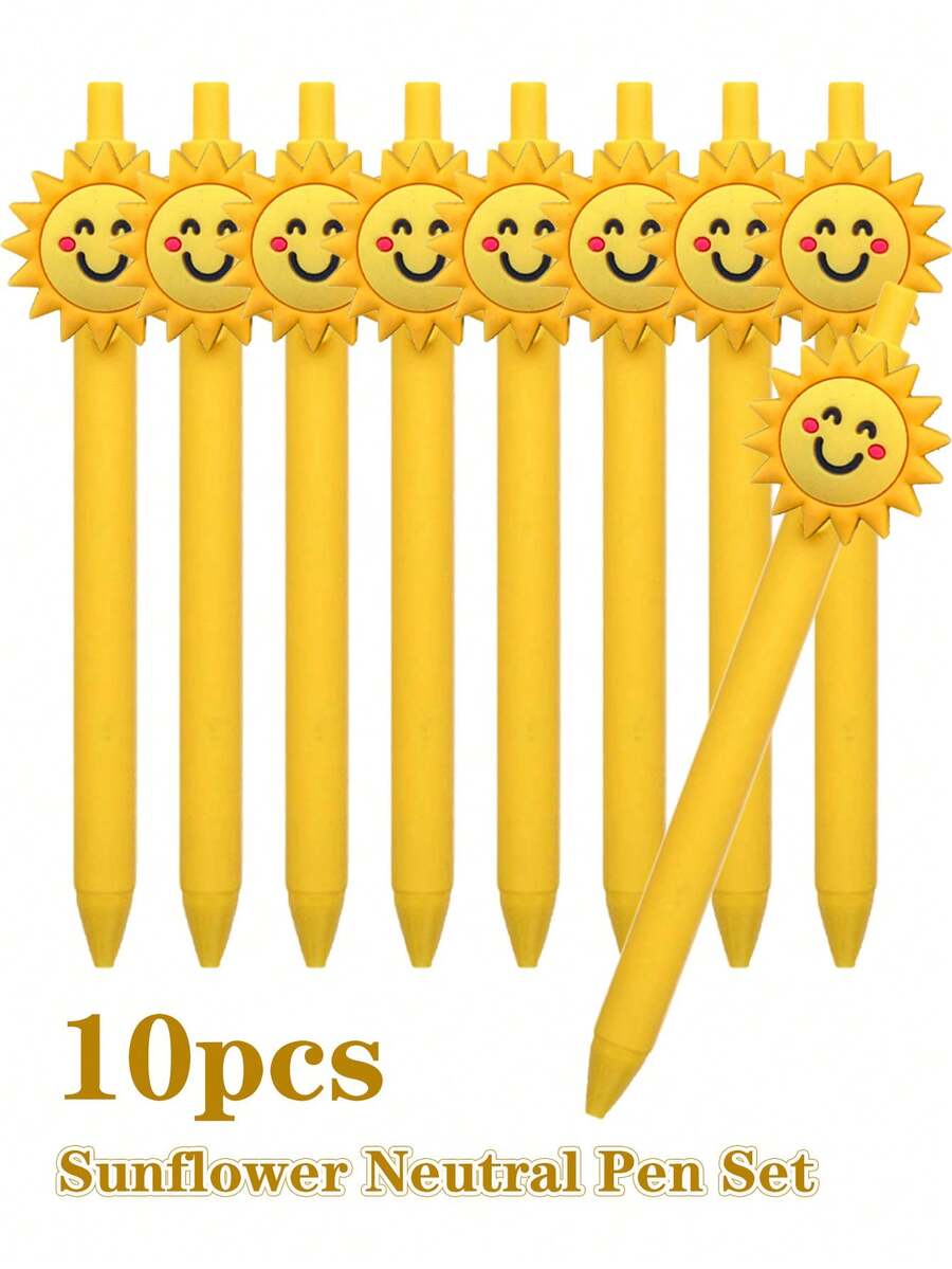10pcs Sunflower Design Ballpoint Pens, 0.5mm Refill, Cute & Girly, Suitable For Writing, Gifting, Office, Drawing, High-Quality Reward/Prize - Multicolor - View 1
