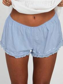 Women's Cute Lace Shorts Y2K Lace Micro Shorts Summer Casual Lounge Shorts Elastic Waistband Lace Trim Mini Shorts Low Waist Shorts - 藍色 - 查看 2