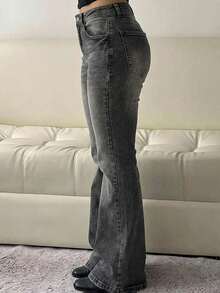 Women's Grunge Style Wide Leg Denim Jeans, Washed Gray With Button And Zipper, Comfortable Slight Stretch Fabric - 灰色 - 查看 3