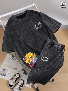 Bộ áo thun và quần short phong cách đường phố Hemo dành cho nam, chất liệu co giãn, màu đen bạc, thích hợp mặc hàng ngày, mùa hè. - màu đen - Xem 1