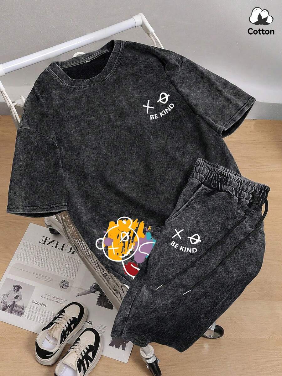 Bộ áo thun và quần short phong cách đường phố Hemo dành cho nam, chất liệu co giãn, màu đen bạc, thích hợp mặc hàng ngày, mùa hè. - màu đen - Xem 1