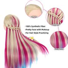 带头发的人体模型头，29英寸训练头，编发娃娃头，用于美发造型，美容美发人体模型头，练习模型头，带夹子支架 - 彩色頭模 - 查看 3