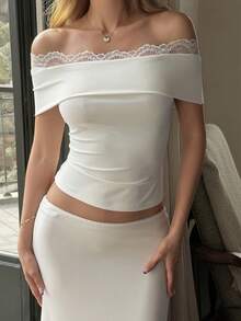 精致单肩蕾丝边露脐上衣，修身别致法式约会衬衫 - 白色 - 查看 1