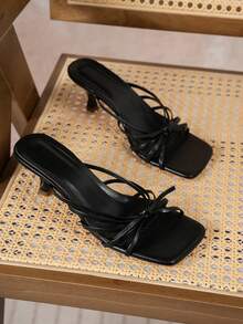 多带交叉设计黑色方头细高跟鞋，时尚高跟穆勒凉鞋，舒适黑色高跟鞋，猫跟，适合任何正式场合 - 黑色 - 查看 2