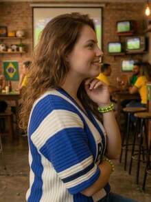 Women's Striped T-Shirt Brazil World Cup Ribbed Modal Knit V-Neck Short Sleeve Summer - Azul marino/blanco - Ver 4