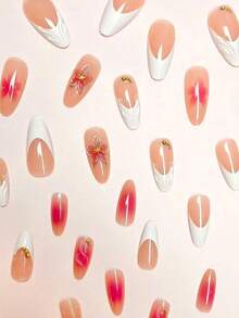24pcs/Set Elegant Gradient Pink & White Almond-Shaped Nail Stickers With 3D Floral & Pearl Decor, Includes Gel Polish And Nail File, Suitable For Girls/Women For Daily, Party, Autumn Nails Nail Supplies - 多色 4 - 查看 4