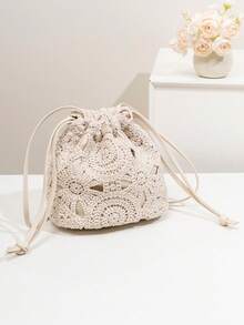 Mini New Fashion Drawstring Bucket Bag, Beach Bag - Beige - View 1