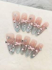 10片可爱粉色豹纹腮红法式猫眼美甲蝴蝶结手工亚克力按压式假指甲，长杏仁形，附赠果冻胶和指甲锉，DIY美甲用品，适合情人节、音乐节、学校旅行等场合。手工按压式假指甲 - 彩色 - 查看 12