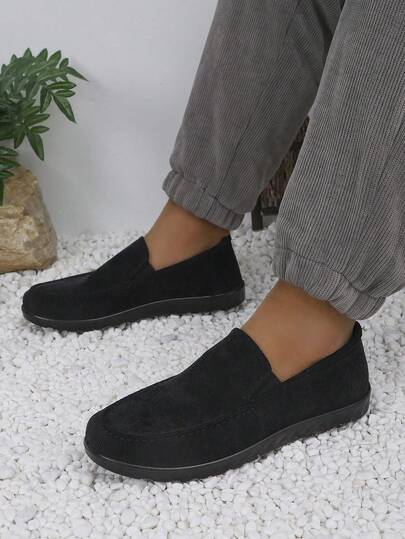 2026 New European And American Style Men's Black Corduroy Slip-On Loafers, Lightweight Soft Sole Casual Driving Shoes For Daily Commute