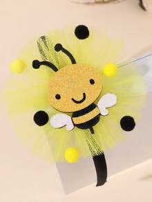 1pc Women's Bee Decorated Headband, Yellow Mesh Hair Band, Black & Yellow Fluffy Ball Decor, Cute Glitter Bee Hair Hoop, Cartoon Spring/Picnic Hair Accessory, Suitable For Teenagers - Yellow - View 1