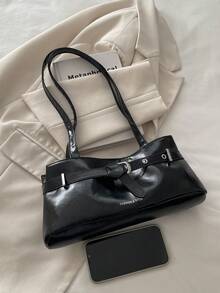 Bolso de hombro de mujer con diseño de hebilla elegante y versátil, decoración de letra de cuero patentado de unicolor, adecuado para compras, carteras, compras, mujeres jóvenes, estudiantes universitarios, recién llegados y trabajadores de cuello blanco. Son muy adecuados para oficinas, universidades, trabajo, negocios, viajes al trabajo, actividades al aire libre, viajes y salidas - Negro - Ver 10
